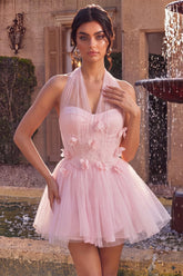 Pink Tulle A-Line Halter Short Homecoming Dress with 3D Flowers
