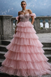 Pink Tulle A Line Prom Dress with Tiered Skirt and Off Shoulder