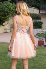Pink Tulle Homecoming Dress A Line Sleeveless Short Prom Dress with Appliques