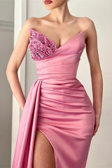 Pink V Neck Beads Long Slit Mermaid Evening Dress with Ruffles