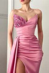 Pink V Neck Beads Long Slit Mermaid Evening Dress with Ruffles
