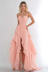 Pink Wedding Guest Dress A Line Sweetheart Chiffon Long Prom Dress With Ruffles