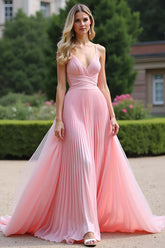 Pink Wedding Guest Dress Pleated A Line Spaghetti Straps Long Formal Dress