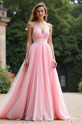 Pink Wedding Guest Dress V-Neck A Line Ruched Long Formal Dress