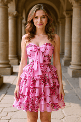 Pink Floral Homecoming Dresses Strapless Short Cocktail Dresses With Bow