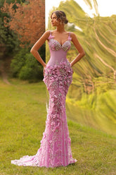 Pink Spaghetti Straps Prom Dress Tulle Mermaid Formal Dress with 3D Flowers