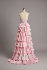 Pink Sweetheart Neck Prom Dress Satin Lace A Line Tiered Formal Dress
