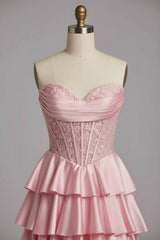 Pink Sweetheart Neck Prom Dress Satin Lace A Line Tiered Formal Dress