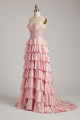 Pink Sweetheart Neck Prom Dress Satin Lace A Line Tiered Formal Dress