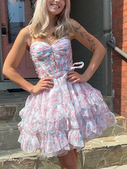 Chiffon Printing Ruffle Mini Ball Gown Homecoming Dress With Bow