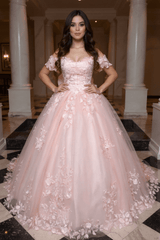 Pink Quinceanera Dress Lace Appliques Ball Gown Off the Shoulder Sweet 16 Dress