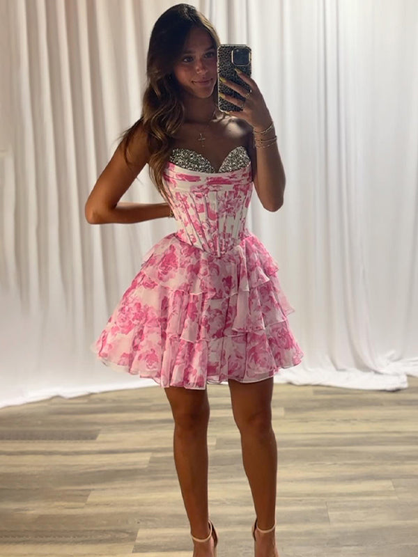 Strapless A-Line Sweetheart Empire Beaded Floral Homecoming Dress