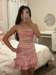 Strapless Ruched Bow Back Homecoming Dress with Ruffle