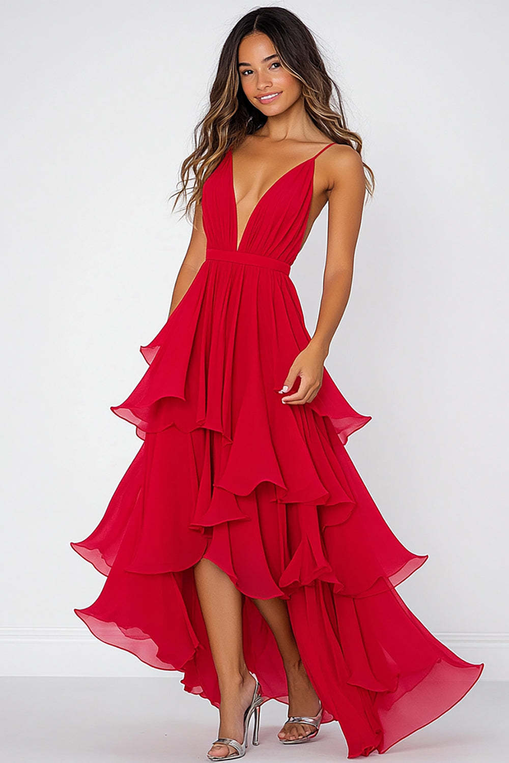 Pleated Long Red Wedding Guest Dress V-Neck Chiffon Formal Dress