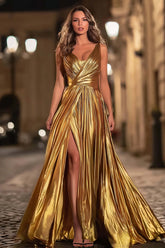 Gold pleated metallic satin formal dress with a crossover V-neck and high slit, full front view