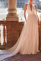 Plunge A Line Chiffon Pleated Wedding Dress