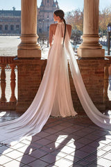 Plunge A Line Chiffon Pleated Wedding Dress