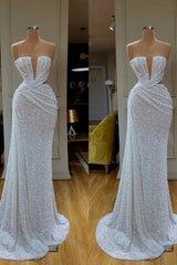 Plunging V Neck Sparkle White Sequined Strapless Prom Dress
