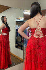 Plus Size Deep V Neck Red Prom Dress Long Evening Dress with Appliques