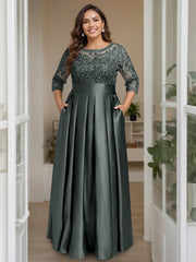 Plus Size Long Mother of the Bride A Line Dress with 3/4 Sleeves Scoop Neck Bow & Sequins