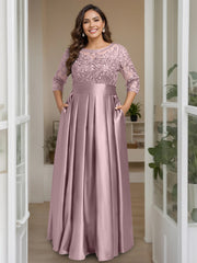 Plus Size Long Mother of the Bride A Line Dress with 3/4 Sleeves Scoop Neck Bow & Sequins