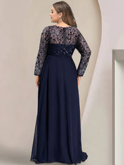 Plus Size Long Mother of the Bride A Line Dress with Scoop Neck Long Sleeves Side Split Ruffles & Sequins