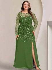 Plus Size Long Mother of the Bride A Line Dress with Scoop Neck Long Sleeves Side Split Ruffles & Sequins