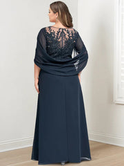 Plus Size Long Mother of the Bride A Line Dress with Scoop Neckline Pleats and Sequins