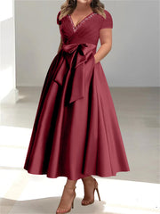 Plus Size Mother of the Bride A Line V Neck Dress with Pockets and Ruffles