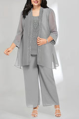 Plus Size Mother of the Bride Scoop Neck Ankle Length Chiffon Pantsuit with Jacket