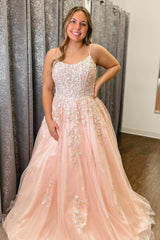 Plus Size Spaghetti Straps Light Pink Prom Dress Long Evening Dress with Appliques