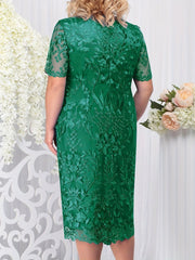 Plus Size Tea Length Mother of the Bride Dress with Scoop Neck and Appliques