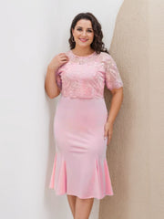 Plus Size Tea Length Mother of the Bride Dresses with Appliques Trumpet Mermaid Scoop Half Sleeves