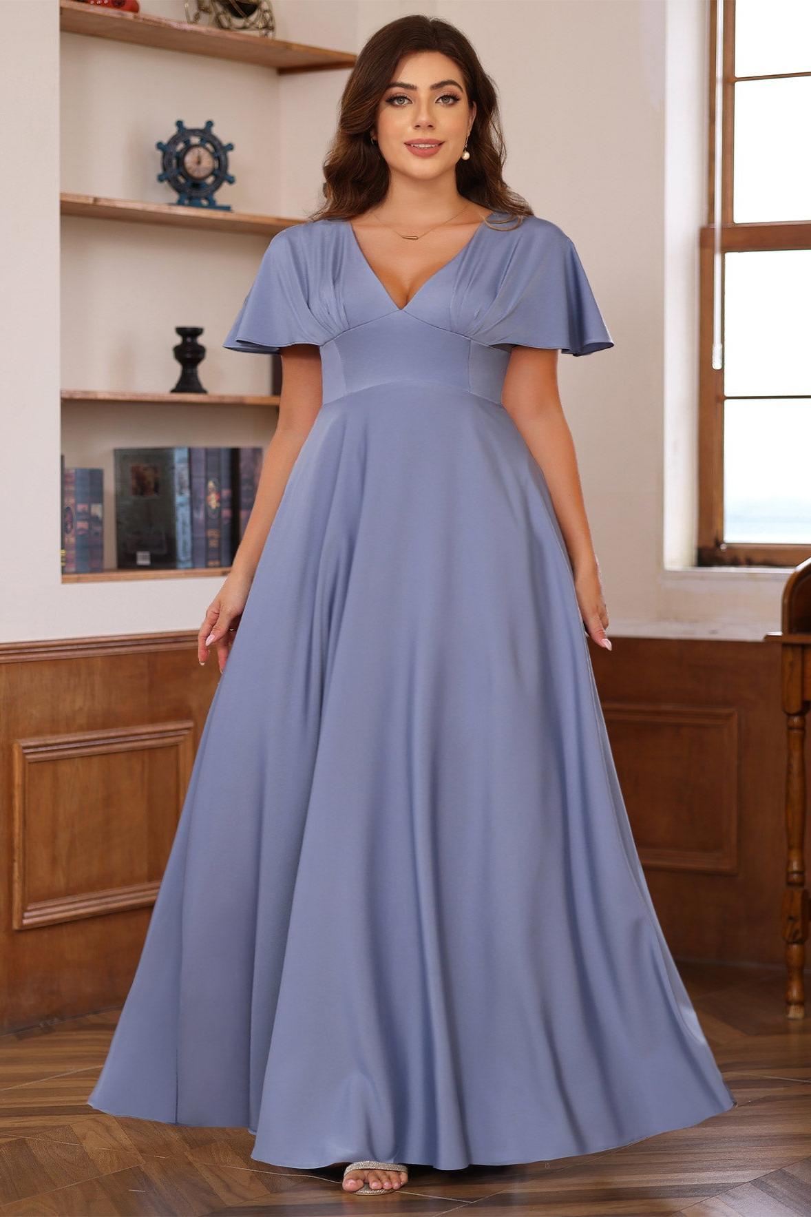 Plus Size V Neck A Line Long Mother of the Bride Dress with Ruffles and Short Sleeves