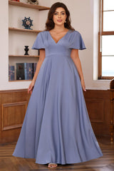 Plus Size V Neck A Line Long Mother of the Bride Dress with Ruffles and Short Sleeves