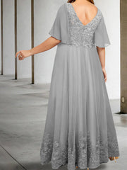 Plus Size V Neck A Line Long Mother of the Bride Dress with Appliques and Half Sleeves