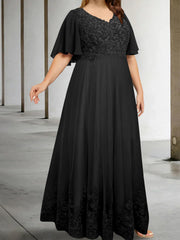 Plus Size V Neck A Line Long Mother of the Bride Dress with Appliques and Half Sleeves