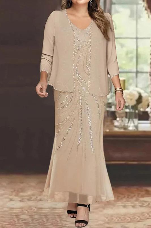 Plus Size V Neck Ankle Length Sheath Column Mother of the Bride Dresses with Sequins & Jacket