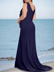 Plus Size V Neck Sleeveless Long Trumpet Mermaid Mother of the Bride Dresses with Ruffles