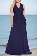 Plus Size V Neck Sleeveless Long Trumpet Mermaid Mother of the Bride Dresses with Ruffles