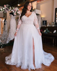 Plus Size Wedding Dress A-Line V-Neck Long Sleeves Bridal Dress