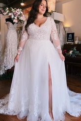 Plus Size Wedding Dress A-Line V-Neck Long Sleeves Bridal Dress