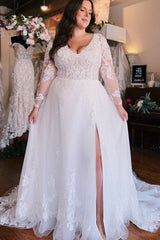 Plus Size Wedding Dress A-Line V-Neck Long Sleeves Bridal Dress