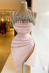 Pool Sleeveless Homecoming Dress Short Pleated Cocktail Dress Appliques With Split