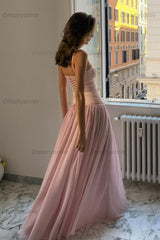 Pretty A Line Spaghetti Straps Pink Corset Prom Dress With Ruffles Formal Evening Gown