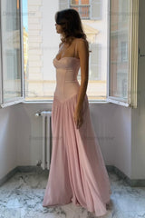 Pretty A Line Spaghetti Straps Pink Corset Prom Dress With Ruffles Formal Evening Gown