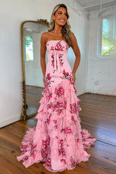 Pretty Pink Strapless Mermaid Prom Dress With Elegant Ruffle Printed Chiffon Skirt Formal Evening Gown