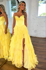 Pretty Sweetheart A-Line Satin Top Long Layered Chiffon Prom Dress With Slit Formal Evening Gown