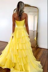 Pretty Sweetheart A-Line Satin Top Long Layered Chiffon Prom Dress With Slit Formal Evening Gown