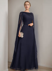 A Line Long Mother of the Bride Dress with Cape Sleeves Bow and Ruffles